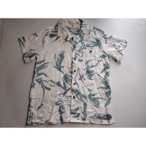 Distortion Boys Small 8 Short Sleeve Button Up Shirt White Teal Leaf Print Rayon